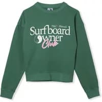 Green sweatshirt with "Surfboard Owner Club" text, yin-yang symbol, and T&C Hawaii logo.