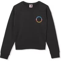 Black sweatshirt with colorful circular logo on chest, long sleeves, and ribbed cuffs by Town & Country Surf Designs.