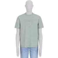Gray Guess T-shirt with triangle stitching design on chest, short sleeves, and crew neckline.