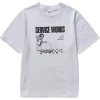 Gray Service Works T-shirt featuring a cartoon gardener watering plants with "Service Works" text above.