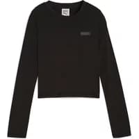 Black long-sleeve slim-fit women's Puma T-shirt with crew neck and small logo on chest.