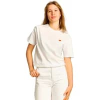 White Strom T-shirt with small embroidered croissant on chest, worn by model with light pants.