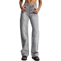 Mid-rise straight jeans with subtle decorative stitching, classic blue wash, and button closure for women by It's Basic.
