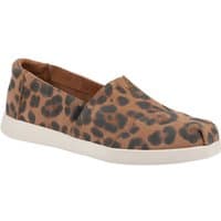 Brown Sugar leather espadrilles with leopard print, slip-on design, and white rubber sole by TOMS.