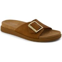 Brown Sugar TOMS Marin Textile Women's Sandals with wide strap and gold buckle on a flat sole.