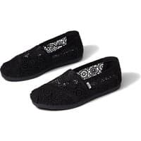 Black TOMS Women's Alpargata Shoes with crochet design and slip-on style.