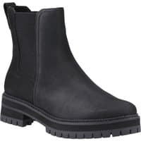 Black TOMS Bennet Ankle Boot with chunky sole, elastic side panels, and pull tab.