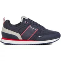 Navy blue Pepe Jeans Dublin Clue trainers with red accents, white sole, and logo on the side.