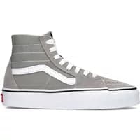 Gray Vans Sk8-Hi Tape trainers with white laces, side stripe, and thick white sole with black stripe.