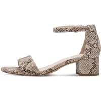 Vegan heeled sandals by Tamaris, snake print, ankle strap, open toe, block heel.