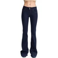 Versatile mid-rise flare jeans in dark blue denim with front pockets and button closure, by It's Basic.