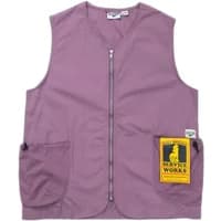 Purple Service Works gardener vest with front zipper, two side pockets, and yellow logo patch on left pocket.