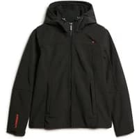 Black Superdry Trekker women's hoodie with front zipper, two pockets, and red logo on sleeve.