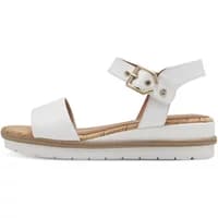 White wedge platform sandals with ankle strap, buckle closure, and cork-textured footbed by Tamaris.