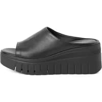 Black leather wedge mules with open toe and chunky ribbed sole, Tamaris 1-27206-46.