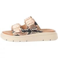 Beige and black snake print wedge mules with dual buckle straps and a chunky sole.