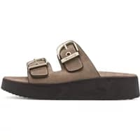 Brown wedge mules for women by Tamaris with dual buckle straps and black platform sole.