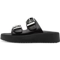 Black wedge mules by Tamaris with two adjustable buckle straps and a thick platform sole.