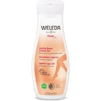 Weleda Lighter Legs Gel 200ml in a white bottle with orange gradient label and silhouette of legs.