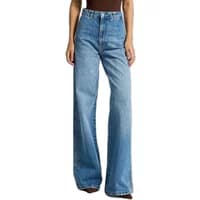 Wide leg high waist rigid denim jeans in light blue with front button and pockets, designed for women by It's Basic.