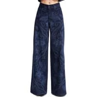 Wide leg palazzo jeans in dark blue cotton with rhinestone print detailing, high waist, and button closure.