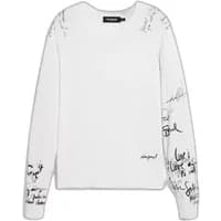 White Desigual Marquette sweater with black script patterns on sleeves and shoulders, round neck, long sleeves.