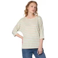 Striped Ragwear Shimona sweater with pastel orange and green stripes, three-quarter sleeves, and a relaxed fit.