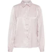 Pale pink satin woman's shirt by b.young Halle with long sleeves, button-down front, and classic collar.