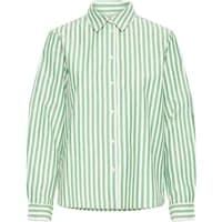 Green and white vertically striped woman's shirt with long sleeves and a classic collar.