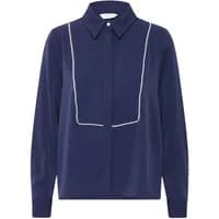 Navy blue b.young Idaline women's shirt with long sleeves, pointed collar, and white piping detail on the front.