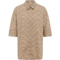 Beige short-sleeve woman's shirt with geometric pattern and pointed collar.