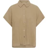 Beige short-sleeve button-up shirt with collar, loose fit, and subtle texture.