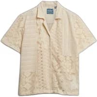 Cream Superdry lace shirt with short sleeves, button-up front, and intricate floral patterns.