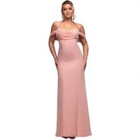 Pink chiffon blouson dress with cowl neck, Bardot style, by Goddiva.