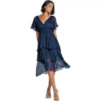 Navy blue chiffon midi dress with butterfly sleeves and tiered skirt by Goddiva.