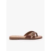 Brown leather flip flops by Ryłko with crisscross straps and flat sole.