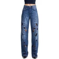 Women’s mid-rise loose jeans with floral embroidery and distressed details by It's Basic.