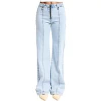 Light blue women’s mid-rise flare jeans with front seam detail and soft cotton blend fabric.