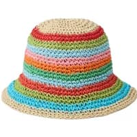 Striped raffia hat by Stefanel with multicolored bands in red, blue, green, and beige.