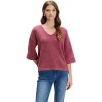 Women's 3/4 sleeve wool pullover in dusty pink with a V-neck and relaxed fit.