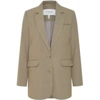 Beige women's blazer by b.young Danta 2B with notched lapels, two-button closure, and front flap pockets.