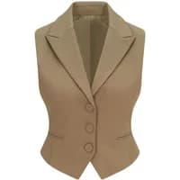 Tan women's blazer by Balou, sleeveless with notched lapels, three-button front, and two front pockets.
