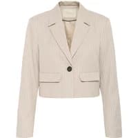 Cropped beige women's blazer by Kaffe, single black button, pinstripe pattern, notched lapels, and flap pockets.