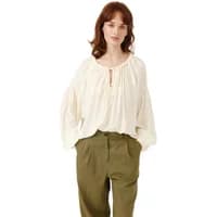 Cream Artlove Isenora blouse with long sleeves, gathered neckline, and keyhole detail.