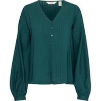 Teal women's blouse by b.Young, V-neck, button-up front, long puff sleeves, and subtle vertical stripe texture.