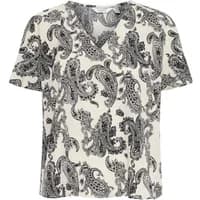 White b.young Haisley women's blouse with black paisley pattern and short sleeves.