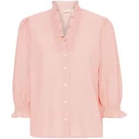 Pink b.Young blouse with ruffled V-neck, button front, and puffed three-quarter sleeves.