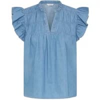 Blue b.young Kashe women's blouse with ruffled cap sleeves, V-neck, and gathered detailing.