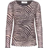 Zebra-print long-sleeve blouse by b.young Ullabella, featuring sheer fabric and a round neckline.