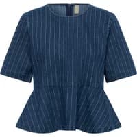 Blue pinstripe women's blouse with short sleeves, peplum waist, and round neckline.